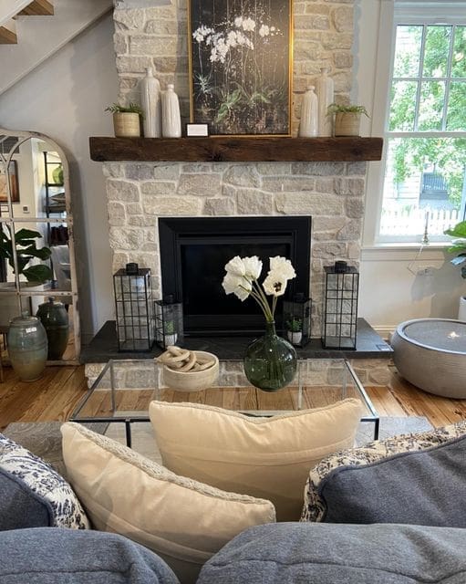 A modern-aesthetic fireplace built with rectangular stones